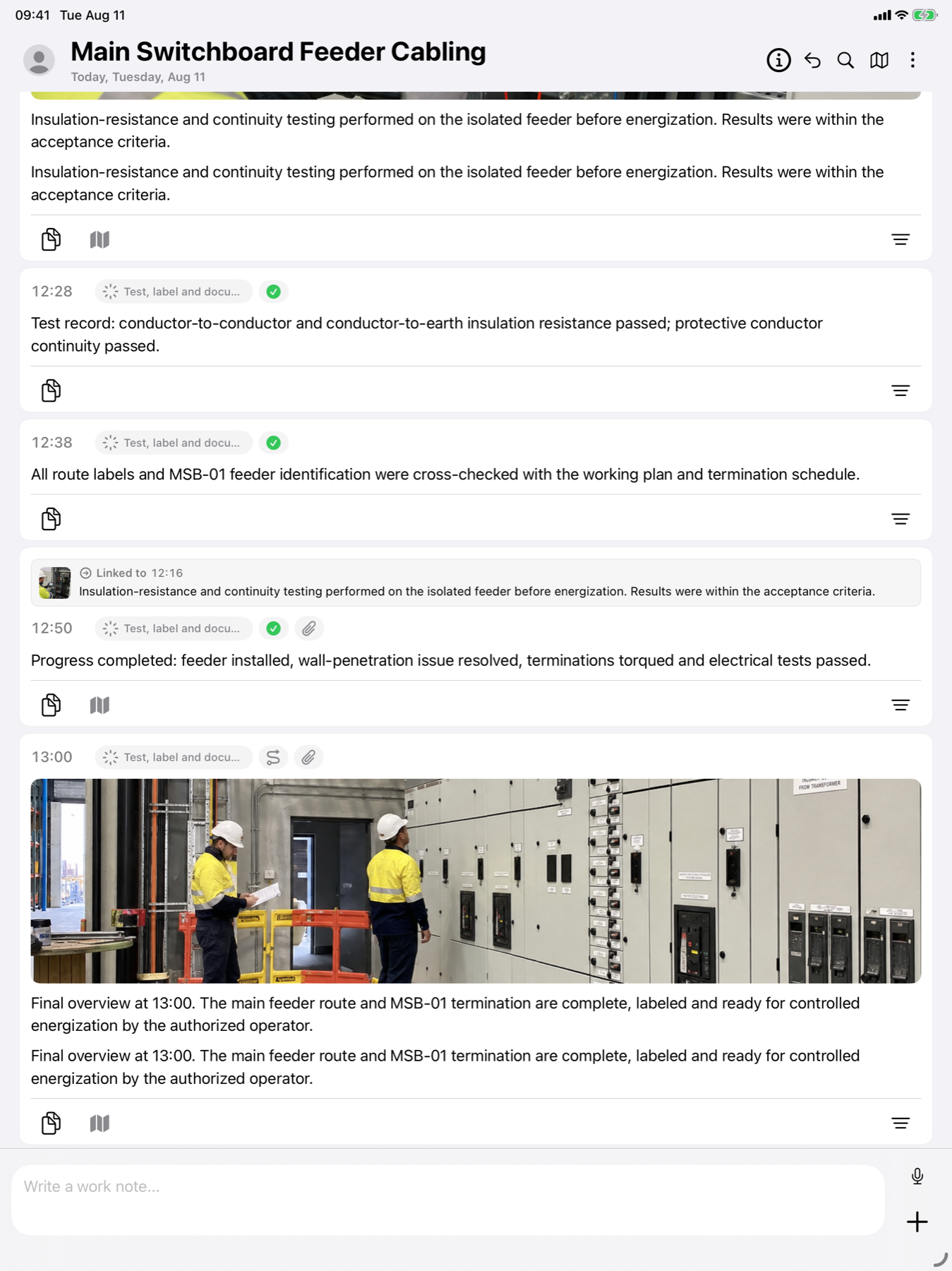 WerkLog Timeline auf dem iPad mit Notizen und einem echten Baustellenfoto