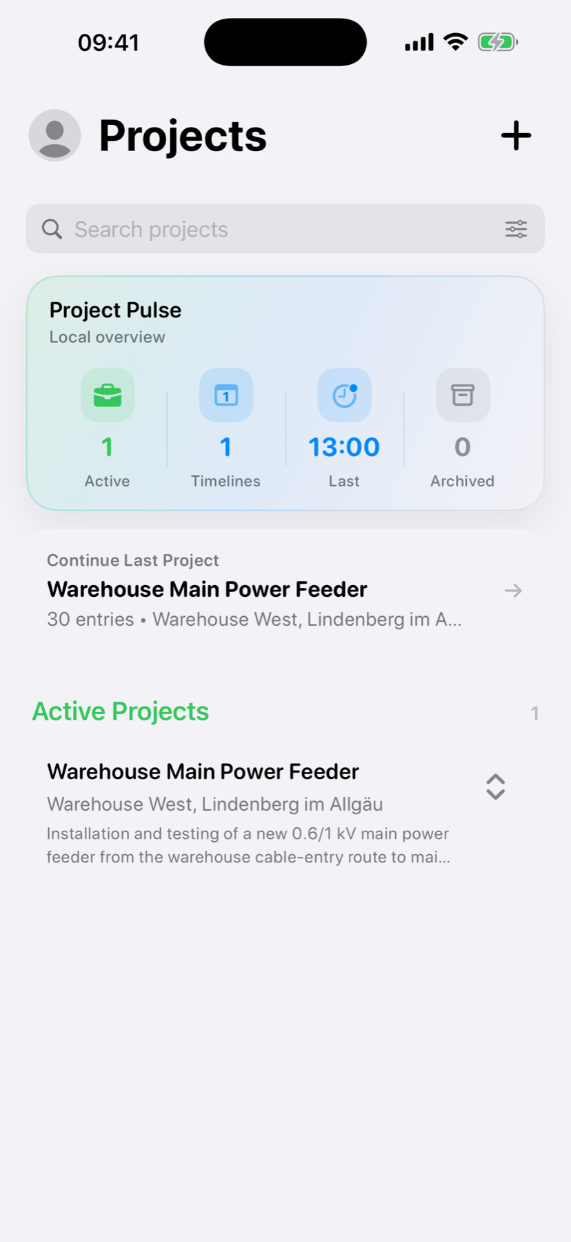 WerkLog Projects screen