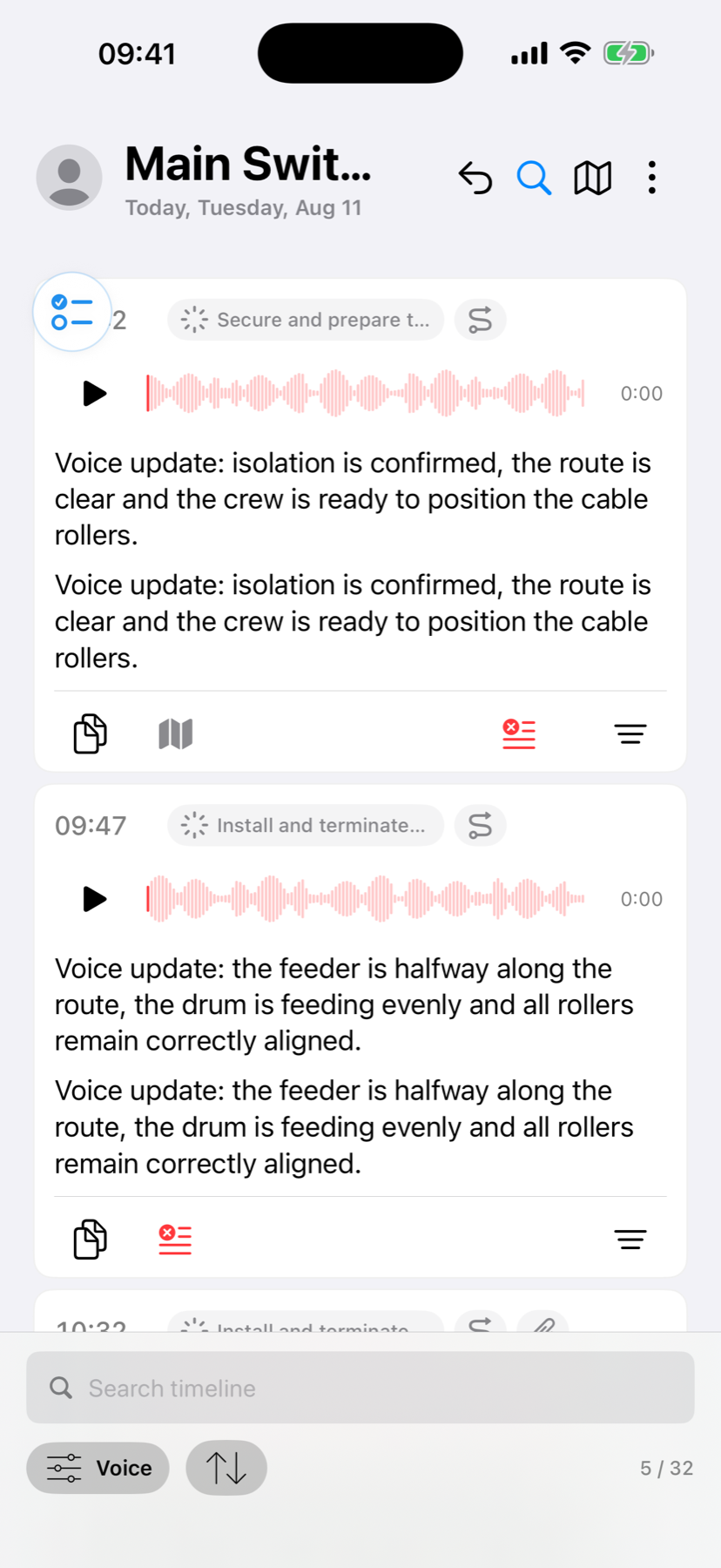 WerkLog voice note on the Timeline