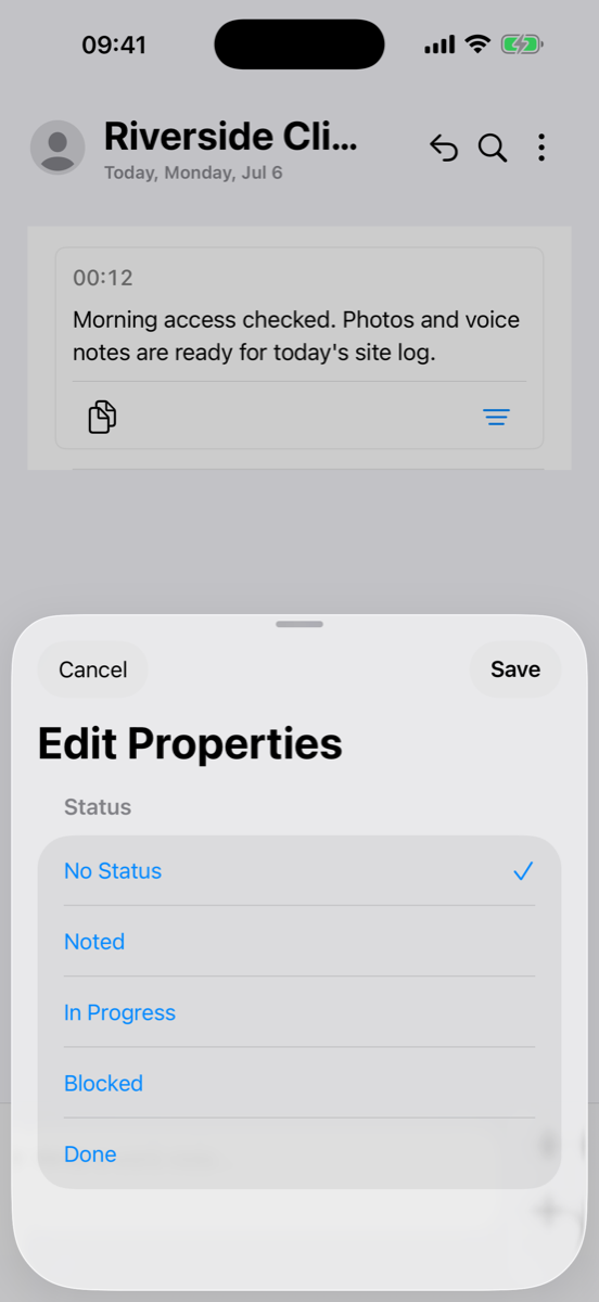 WerkLog Edit Properties sheet with status choices