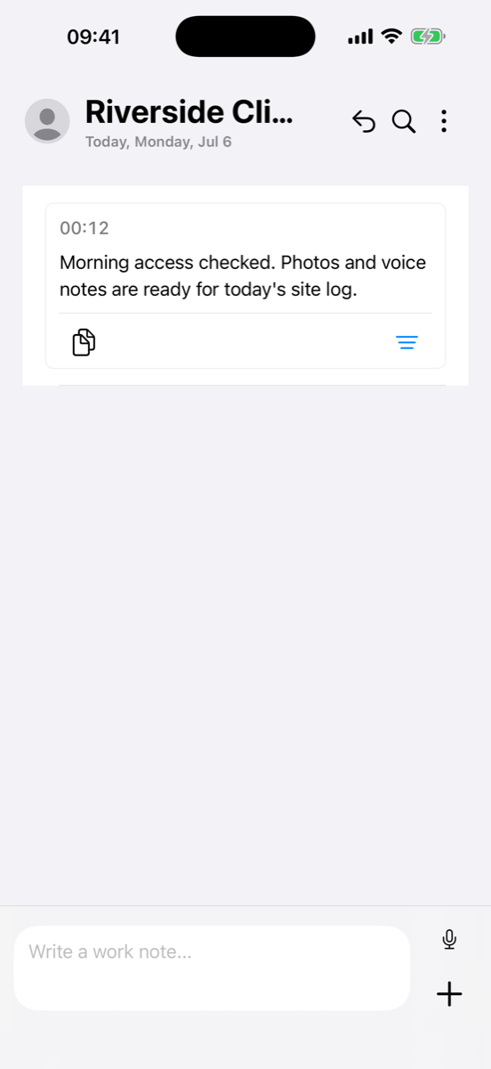 WerkLog Timeline with a work note and quick composer